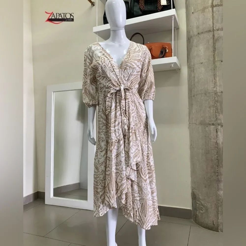 New Cassee’s neutral beige and tan boho Patterned faux Wrap Dress
